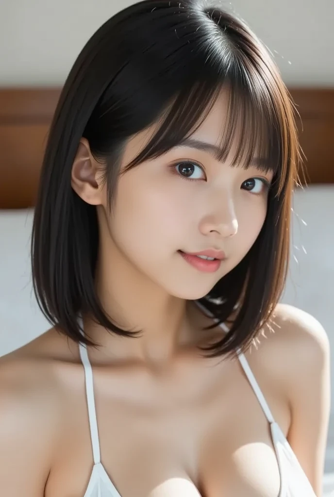 (nsfw: 1.5),(8k,   photorealistic,   RAW photos ,  Max image  : 1.4),    Japanese girl splitting her belly , 、( Medium Hair )、  smile, Super detailed face  、 attention to detail、  double eyelid  、   sharp concentration:1.2、(Super cute face like a popular idol:1.2),  beautiful woman:1.4、(  black hair)、 top quality、 smaller breasts, Beautiful and sexy slim figure,     Masterpiece   、  super high resolution 、(  photorealistic:1.4)、 A beautiful, meticulously crafted  、 プロのライティングで照らされたsmile、(Completely naked:1.4)、  Please open your mouth slightly、(  upper body),(  bedroom)