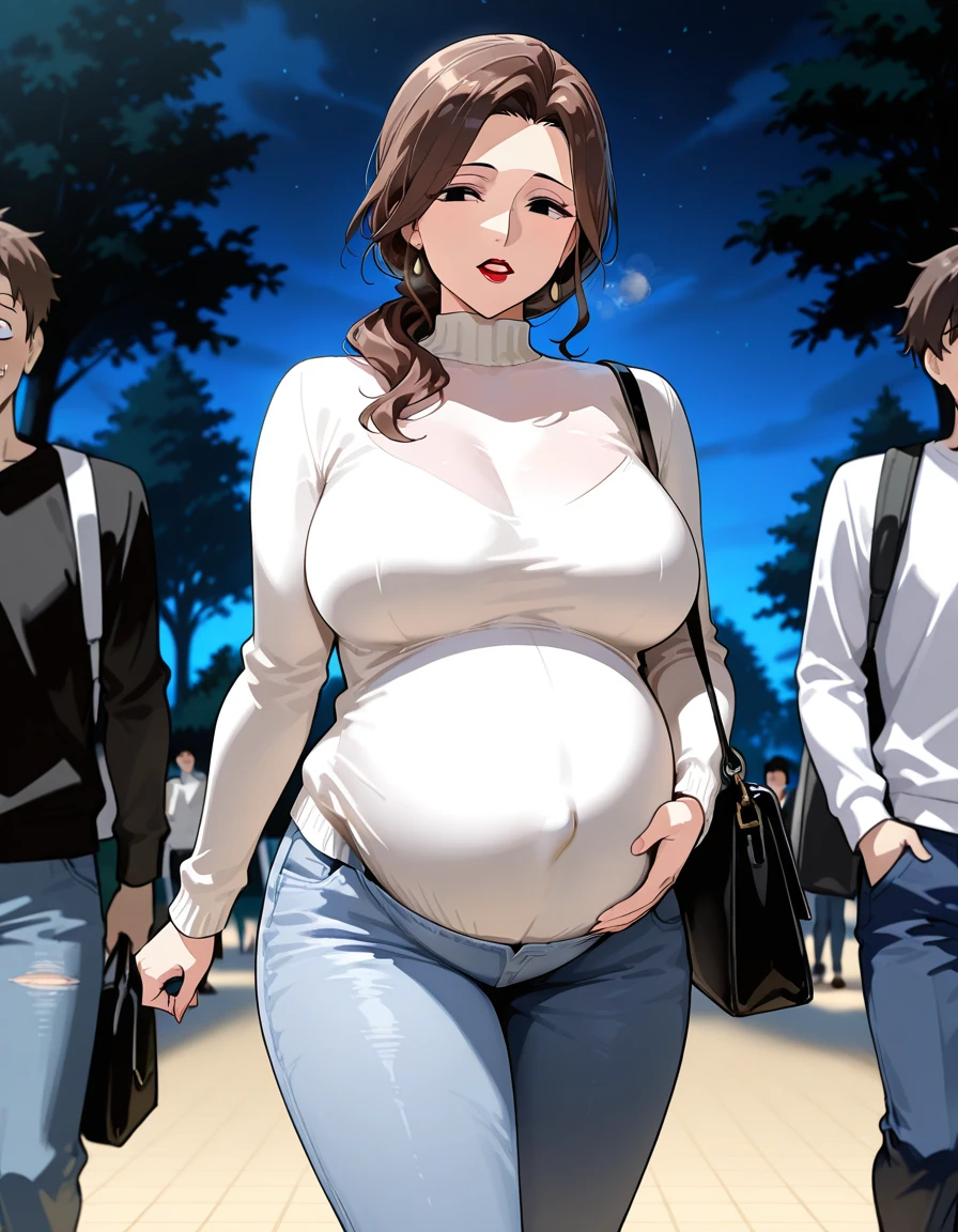 nsfw,a beautiful woman,walking,have a black bag,pregnant,((mature woman:1.2)),(fear),jeans,white tight sweater,white sneakersbra,glamor body,medium breast,sagigng breast,brown hair,black eye,lipstick,in park,night,unpopular park,((dark park)),3guys ,guys hold woman  from behind 