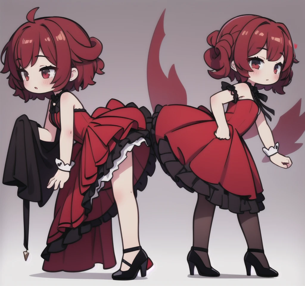  short fibers, Curly hair, Red dress, fitting dress, Short dress, High heel shoes, sexy poses, 1 Girl ,side view,