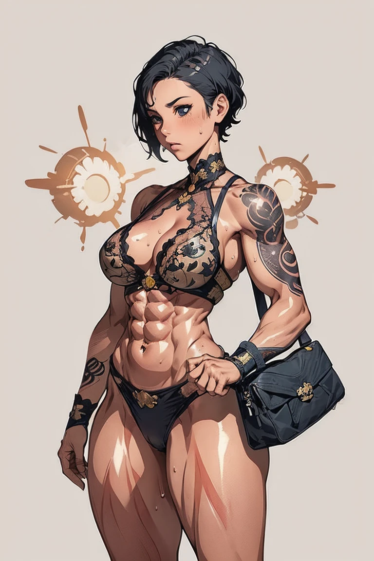 From behind,( high definition ,  pixel perfect,  amazing illustration), ( High Quality , Must-have items, Ethereal: 1.4), (( 1 girl)), (((((cat))))), ((tattoo)), ((mature woman)), Cool atmosphere, (( black hair)), ((((short_ shaves hair _side)))), ((((expressionless)))), (((((((Muscular))))))), ((Thigh Thickness)), ((( wide hips))), (( Big Breasts on the Verge of Explosion )), Fighter, (((woman))),((blush)), lewd woman, (shiny skin), sweat,  simple background,lac34rmor, (combat stance,Hyper Purse;1.3),public hair