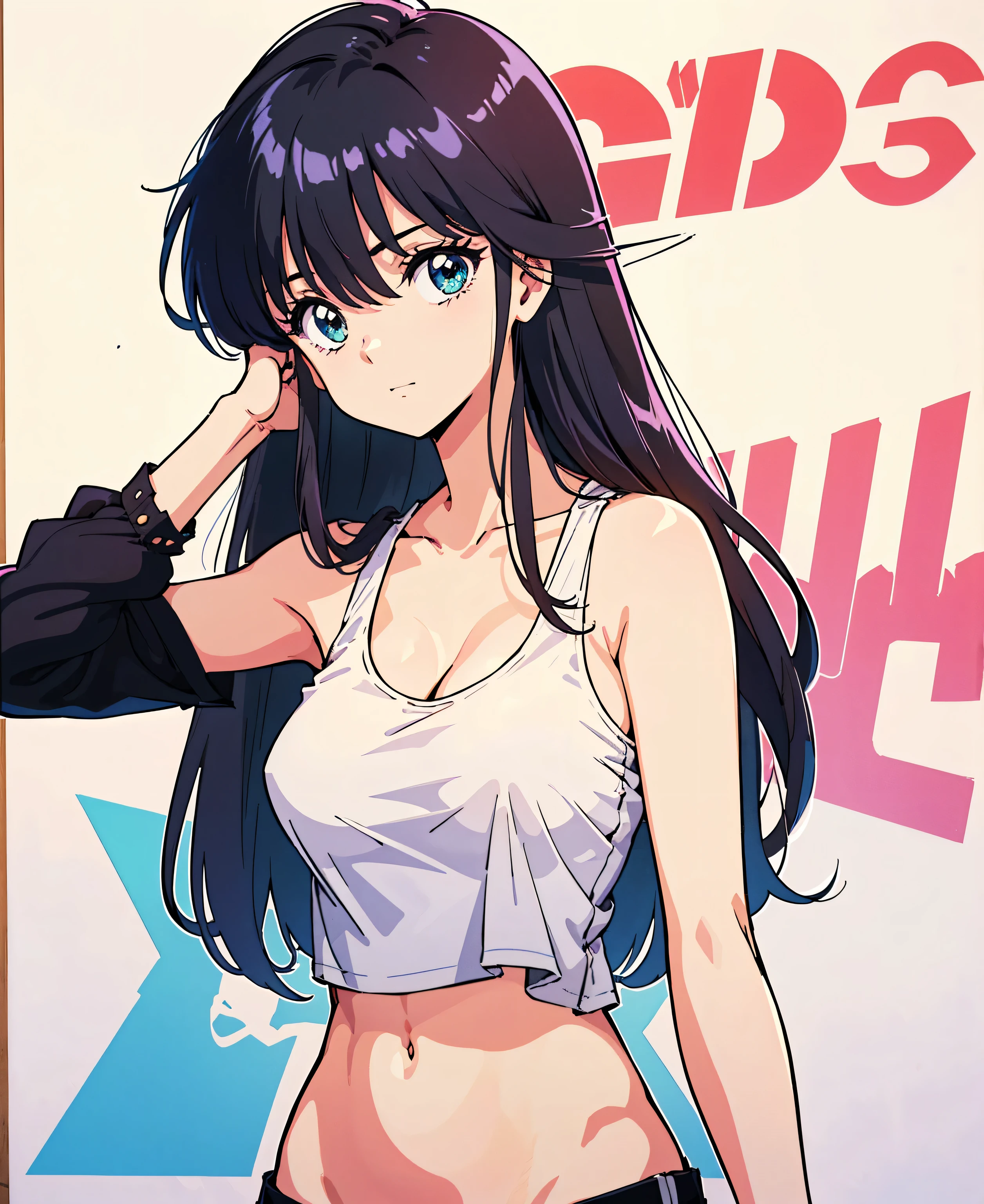 (masterpiece, best quality, high definition :1.5, Anime Colors, Goddess Magazine:1.2, Anime poster style, anime key visual, sharp, 8k, Photographically), ( Beautiful detailed eyes :1.5, beautiful detailed face :1.2), Madoka Ayukawa, 1 girl , , ( black hair, Long Hair), ( Saggy big breasts ), ( tank top :1.2, No.), upper body, (perfect detailed anatomy, beautiful detailed hair , Beautiful detailed body:1.2, shiny skin), (Thick outline, Beautiful Outline , Black outline), simple background:1.5