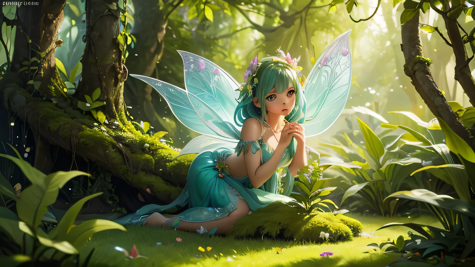 "A mesmerizing and enchanting depiction of a captivating 'Flower Fairy' in a pristine and magical woodland setting, with delicate and vibrant flowers adorning her flowing gown. The fairy possesses an otherworldly beauty with ethereal wings, her graceful pose exuding a sense of wonder and magic. Let the colors come alive with a vivid and dreamlike atmosphere, drenched in soft sunlight and shimmering particles of pollen. Create a masterpiece capturing the essence of nature's enchantment and the mystical presence of the 'Flower Fairy'."