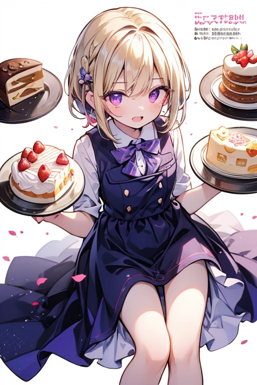 (master piece, highest quality, High resolution、detailed), (Shining eyes)、1 girl,blonde hair, maid, blue eyes, side ponytail, hair scrunchie, hair ornaments, blue scrunchie, maid headdress, apron, (A lot of sweets are arranged on the table、White tablecloth)hair between eyes, chest, long sleeve, bangs, white shirt, black dress, side lock, maid apron, black pantyhose, cowboy shot,indoor、Western-style room、beautiful anime