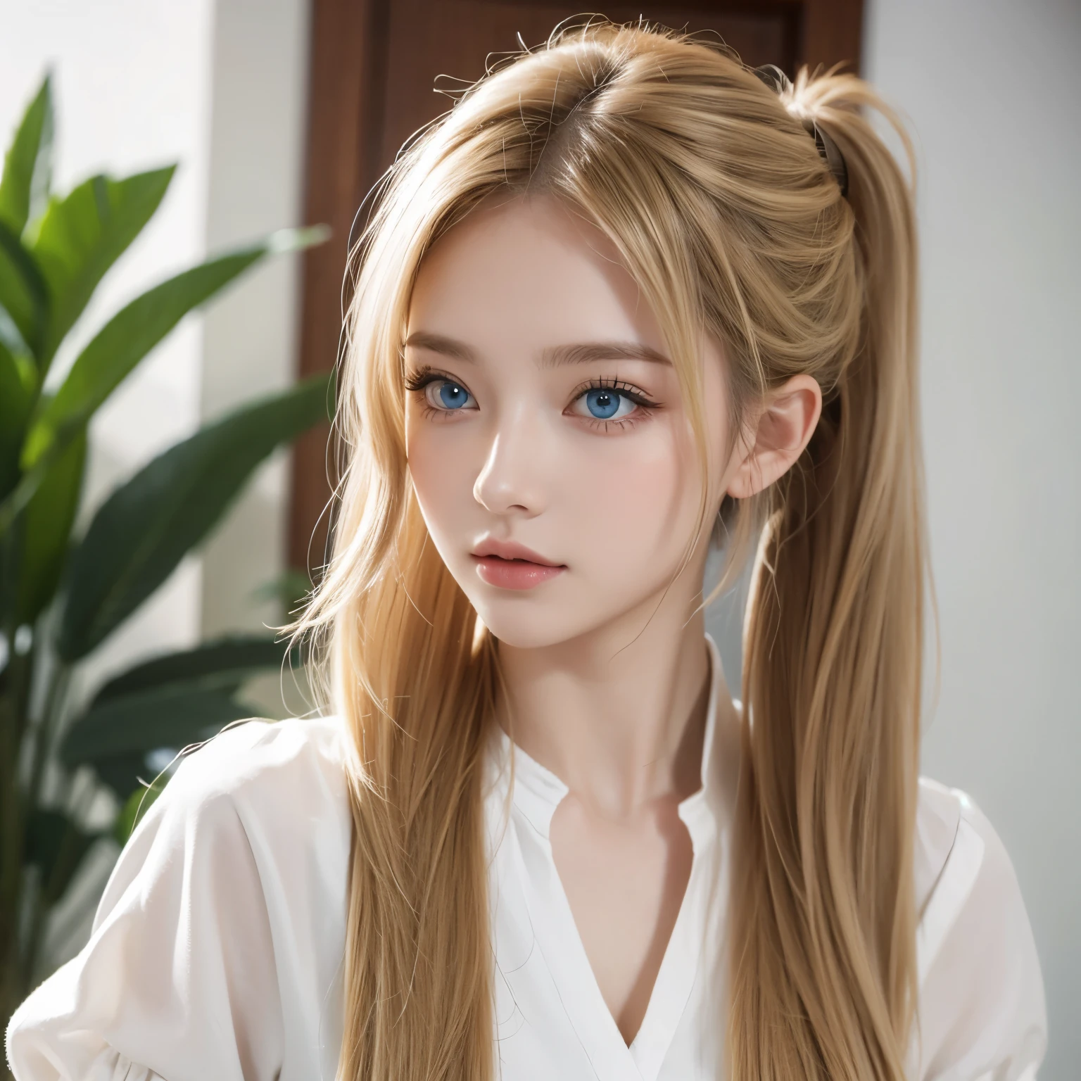 (masterpiece, absurdres,  high resolution, ultra detailed), 1 person,  wavy blond hair , aldult,  blue eyes , Ponytail, , beautiful face ,  casual outfit , charming, charming的,  meticulous eyes and face,