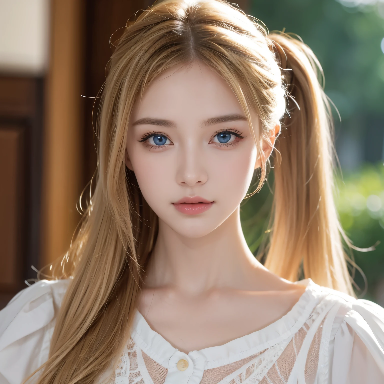 (masterpiece, absurdres,  high resolution, ultra detailed), 1 person,  wavy blond hair , aldult,  blue eyes , Ponytail, , beautiful face ,  casual outfit , charming, charming的,  meticulous eyes and face,