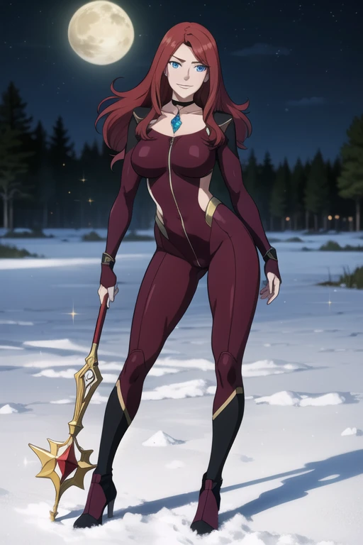 Best high quality, masterpiece quality, full body portrait, cowboy shot, 1woman, ((blue eyes)), athletic, muscular, berserker, large buxom, large hips redhead, long ponytail, grey bikini with spot pattern, furry fur scarf, furry pelt cape, winter forest background backdrop