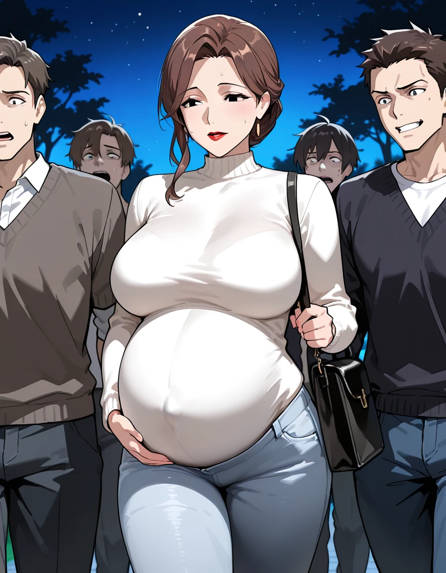 nsfw,a beautiful woman,walking,have a black bag,pregnant,((mature woman:1.2)),(fear),jeans,white tight sweater,white sneakersbra,glamor body,medium breast,sagigng breast,brown hair,black eye,lipstick,in park,night,unpopular park,((dark park)),3guys ,guys hold woman from behind,gangbang,rape