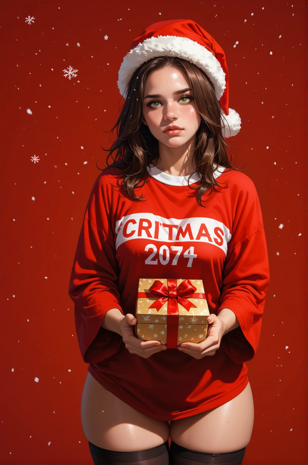 score_9, score_8_up, score_7_up, cartoon of a girl, solo, sexy, slutty, brown skin, hazel green eyes, brown hair, straight hair, christmas hat, red oversized tshirt, small breast, black thigh high sock, visible thighs, wide hips, standing, grabbing, holding present box, snowing, atmospheric lighting, moody and gritty, bright red background, simple background