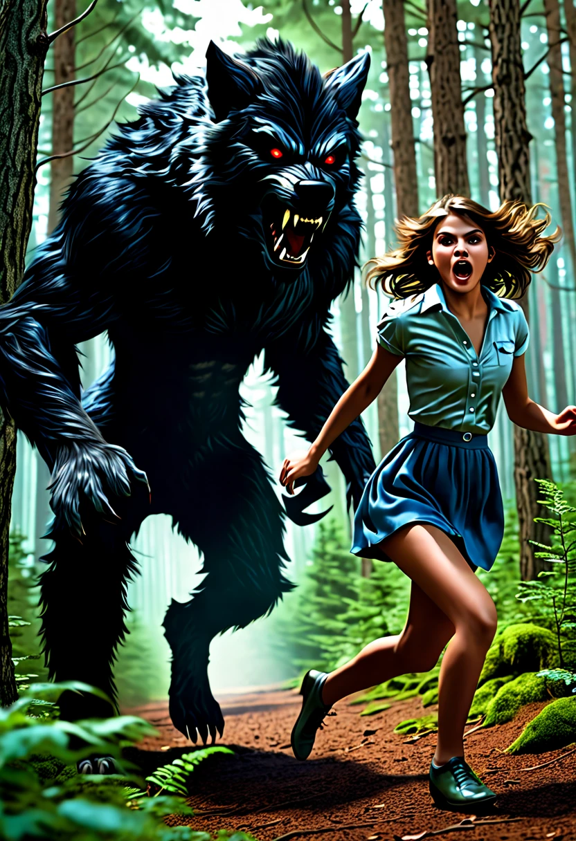 sfw, Werewolf chasing a clothed girl in a forest