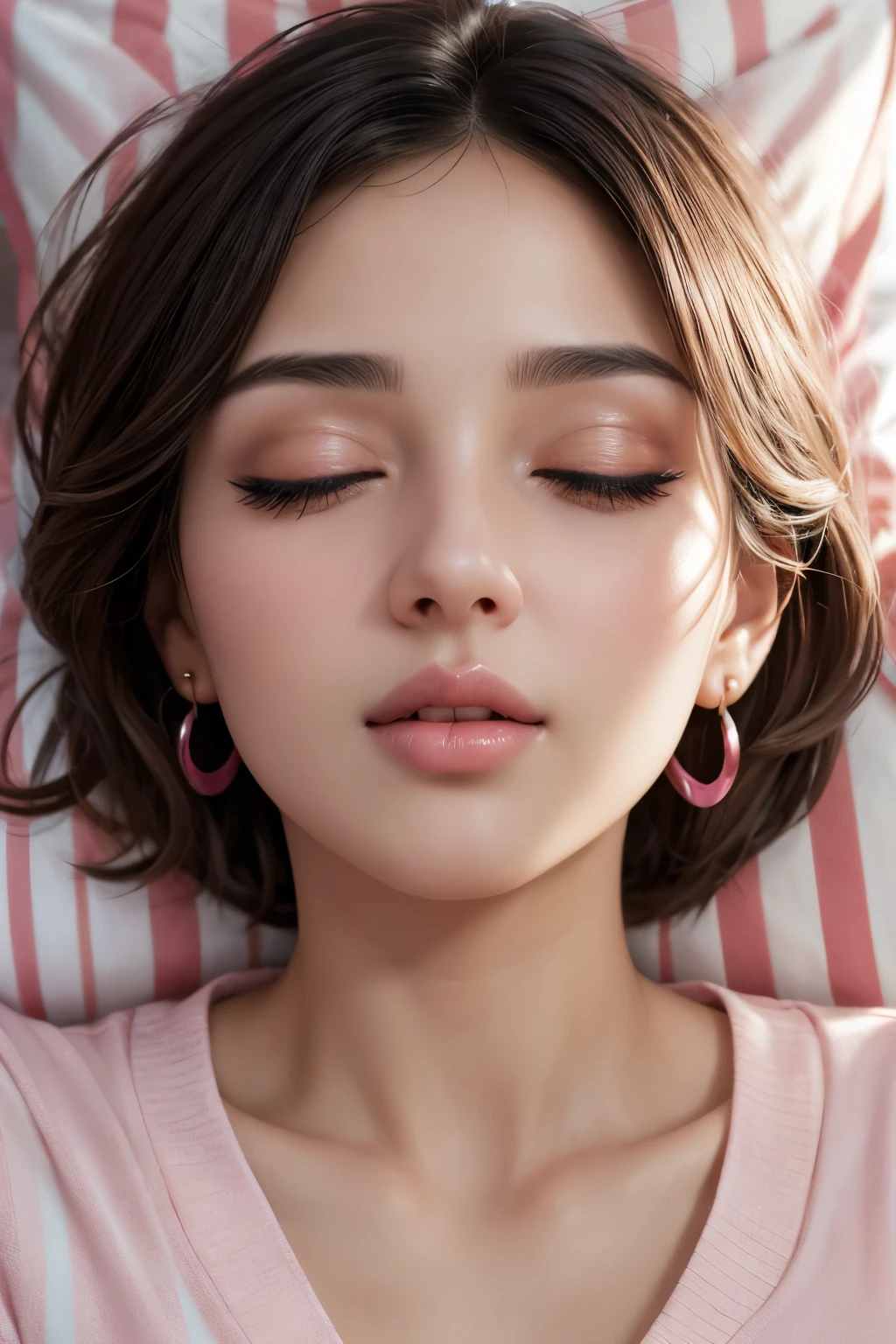High Resolution, Accurate, Anatomically Correct, Best Quality, Detail, HD, High Details, High Quality, Super Detailed, Textured Skin, Short Hair, Black Hair, Braid, Breasts, Earrings, Blush, Parted Lips, Makeup, Nose Blush, Heavy Breathing, Light Blush, Glint, Full-face Blush, Red Lips, Sparkling Eyes, Sigh, Half-Closed Eyes, Long Eyelashes, Amber Eyes, Close-Up, Depth Of Field, Pink And White Striped T-Shirt, Blue Pants, Lying On Bed