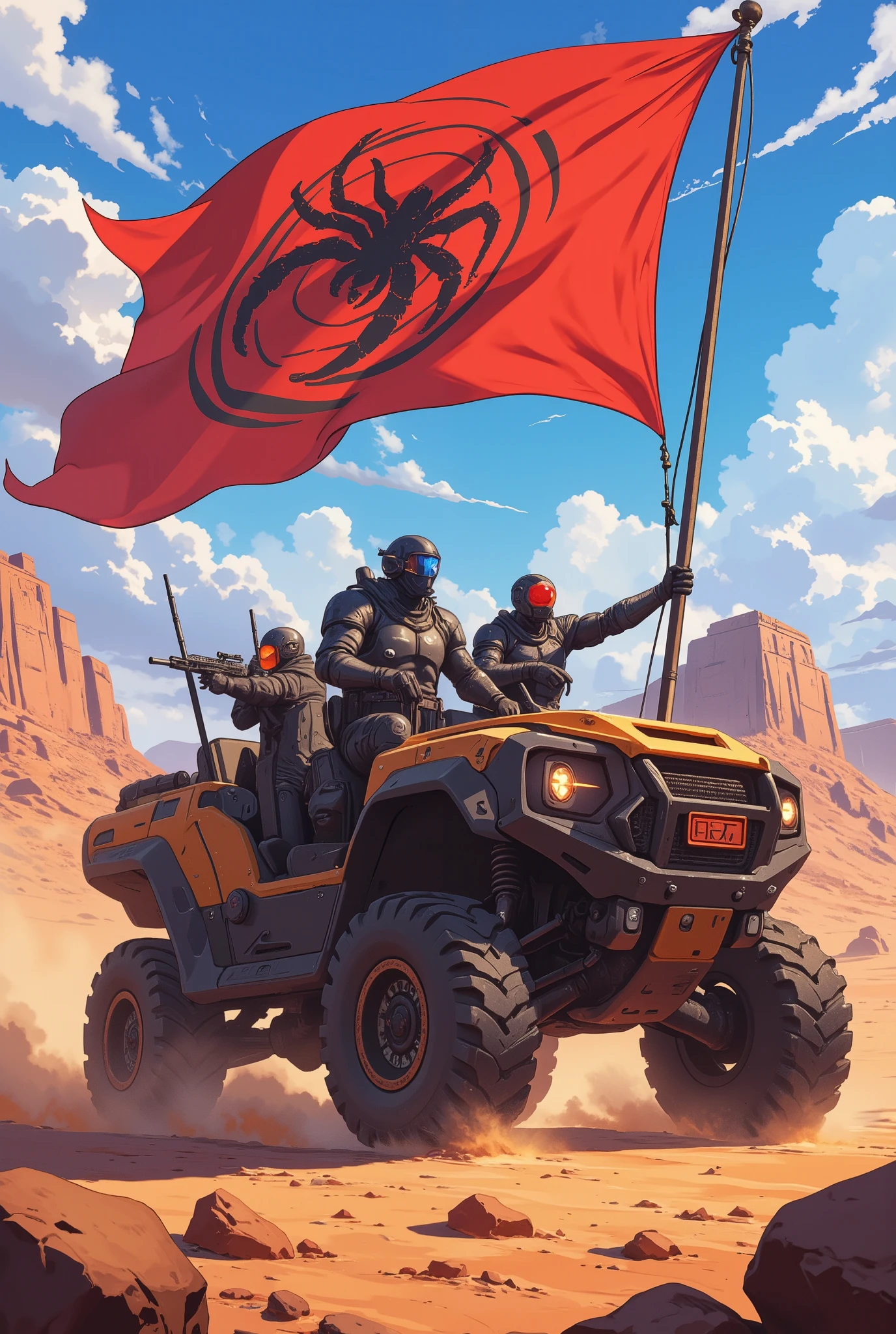 (masterpiece, best quality), (score_9,score_8_up,score_7_up), (highly-detailed), smooth anime style, 
(rogue army, desert mercenaries), ((modern, sci-fi, advanced technology, futuristic)), fierce, ruthlessly efficient, 
(amidst the scorching heat of high noon in an eerily remote desert region, a tight-knit group of formidable mercenaries and rogue warriors clad in heavy tactical armor and bearing modern deadly weapons, they take a well-deserved break under their ensign: a banner of a stylized red tarantula spinning its web. As they ride one of their big powerful desert combat vehicles)
cool aesthetics, raytracing, (subtle depth of field:0.25), (subtle bloom:0.5), soft lights, light particles, super cool special effects, vibrant textures, dramatic lighting, captivating visuals, sand particles, perfect hands, 5fingers on each hand, glowing details, 