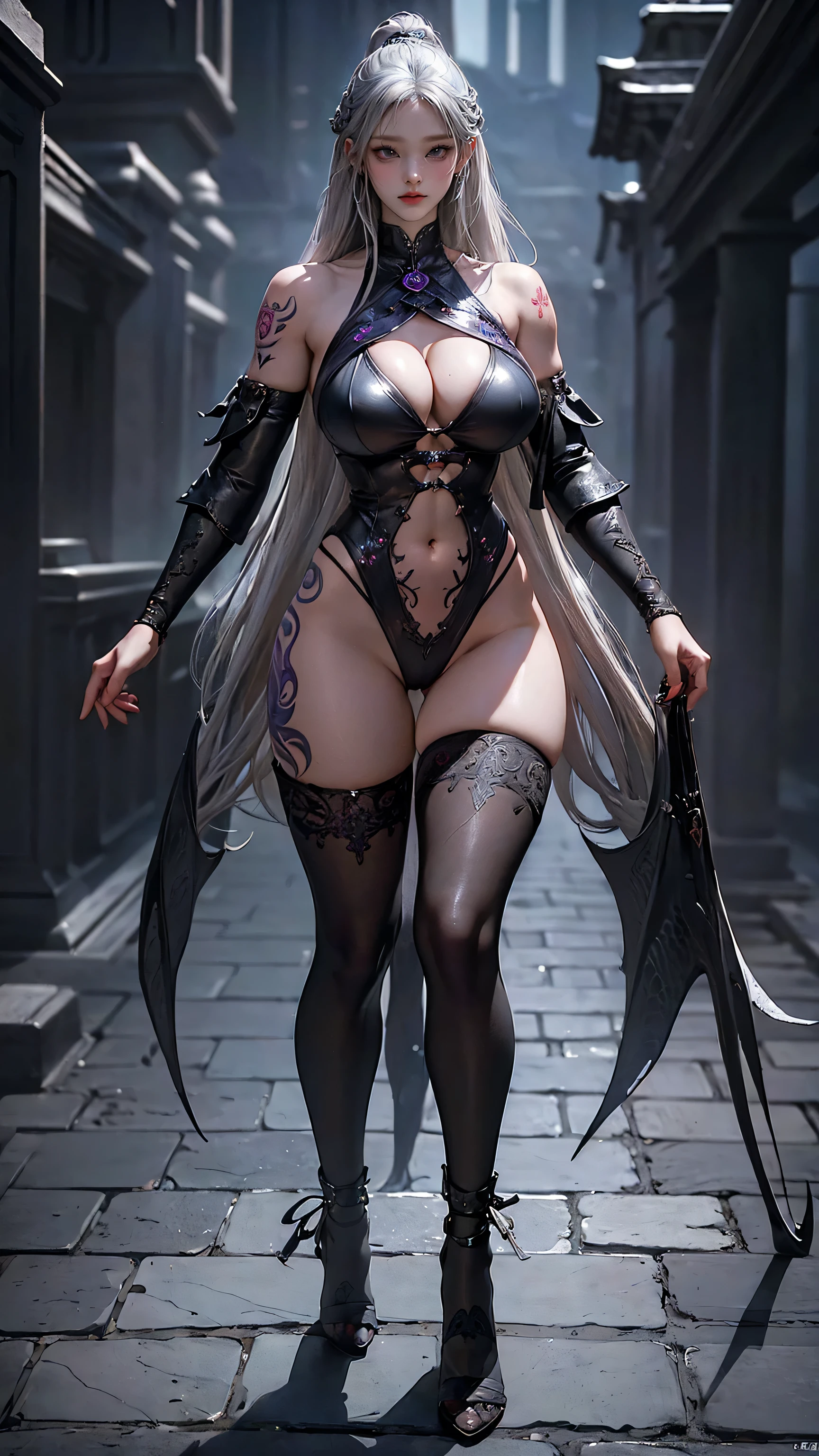 (nsfw:0.9),( full body shot ),( big breasts at the temple),(( abs are very prominent )), ((((Grey Hair))), detailed portraits of adult women in a dark fantasy setting , bright blue eyes that emanate a sense of danger [ detailed eyes on board, bright blue :1.1], [Black Leather Look], adorned with Intricate tattoos all over her body [Intricate tattoos:1.1], He has dragon scales on his arms [Dragonの鱗のタトゥー] ,Enhance the suspenseful atmosphere. The color palette is mostly dark and muted tones .., with hints of Red and purple accents [A dark and muted color palette, Red and purple accents], has a . The lighting emphasizes the sharp edges and intricate detail of the assassin's attire and tattoos, adds depth and texture to the overall composition [Enhances sharp edges, intricate detail ]. The image quality is excellent, with Extreme attention to detail [Best Quality, Extreme attention to detail:1.2], Showcasing the talents of artists&#39;Technique and mastery of light and darkness . The art style is realistic yet、 fantasy atmosphere that makes you feel mysterious and dangerous .., captures the essence of the dark and fascinating world of the dungeon & Dragon [ adds a touch of fantasy Realistic Art Style ],