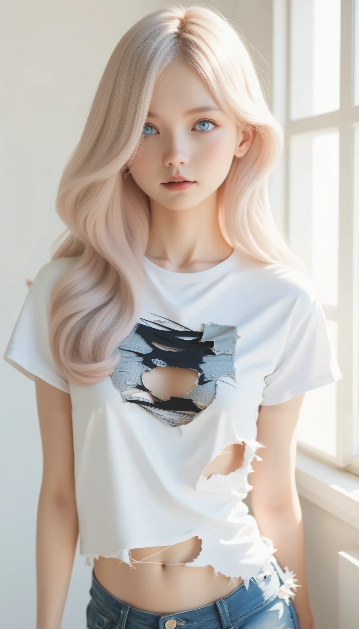 ( Ultra Detailed Skin  ),   pale skin, (Ultra-fine hair),(Very soft hair),(Super  straight hair:1.5), black髪, 非常に長いblack髪,  hair on one eye ,  blue eyes, black,  straight,  silky smooth long length white t-shirt (Up to the thighs),   medium chest   (  white shirt, Torn, mid-chest Torn shirt,  