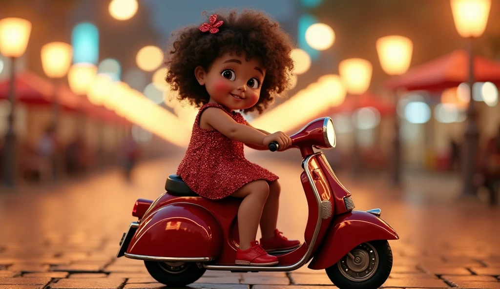 Create a highly realistic cinematic image of a chubby  girl with short, fluffy brown curly hair, wearing sparkling red sequins adorned with intricate rhinestone details and matching red shoes. She sits on a small, highly detailed scooter studded with Ruby stones with a metallic finish, illuminated by warm streetlights. The background features a bright effect with soft gold and white lights shining in an urban setting.