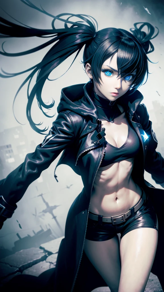 Black Rock Shooter, Trench Coat, Shirt, Blue Eyes, Hotpants, Hacker, 