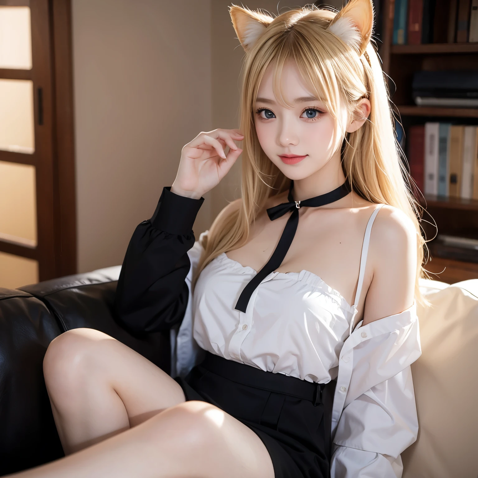 , masterpiece, ( are of the best quality:1.2), ( clearly focuses on themes such as :1.2),,  1 girl, Slender girl,, ( blondes|Light_Blonde Hair), Cat ears,,  detailed facial under panties, Young| cute faces,  blush, Smile,, natural breasts, Thin arms,, white collar shirt with black tie,  black choker ,, In modern office, indoor