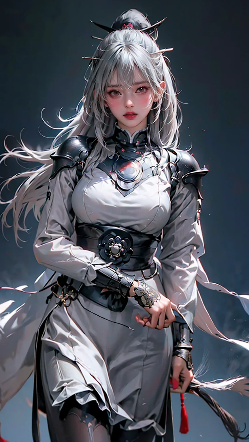 Grey Hair, whole body,Big Breasts, top quality,woman,Alone,((  Masterpiece )), (( top quality)), (  super detailed ), ((  very detailed)), 4K, (8k), top quality, 緑の目をしたwoman, Japanese tattoo sleeve on right arm ,  samurai armor  ,  wear armor ,  software  , Japanese Temples