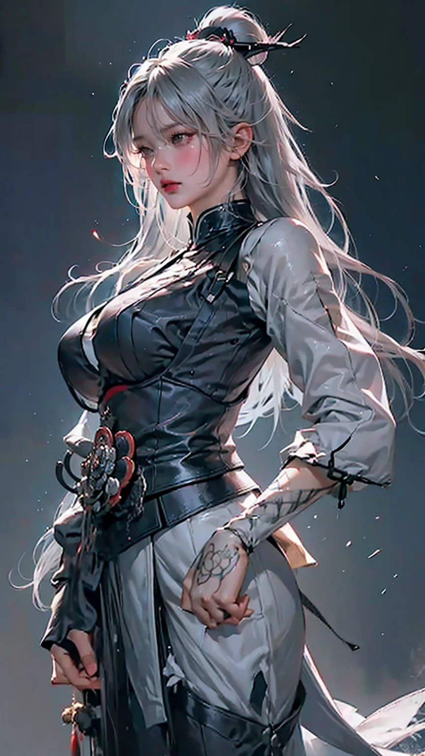 Grey Hair, whole body,Big Breasts, top quality,woman,Alone,((  Masterpiece )), (( top quality)), (  super detailed ), ((  very detailed)), 4K, (8k), top quality, 緑の目をしたwoman, Japanese tattoo sleeve on right arm ,  samurai armor  ,  wear armor ,  software  , Japanese Temples