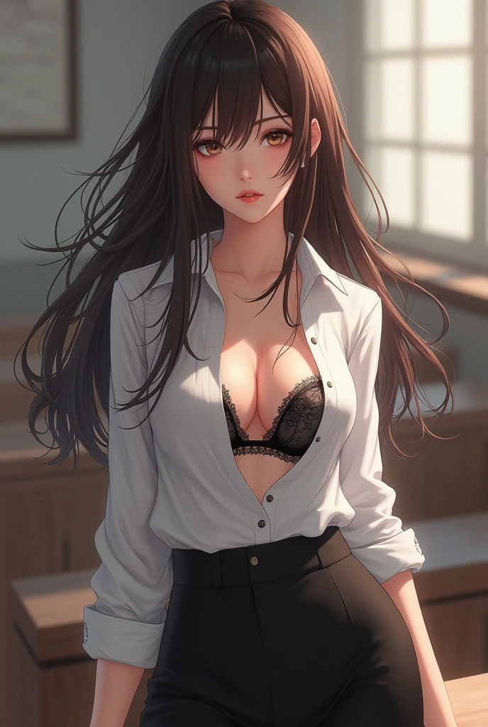(Highest quality, High resolution, Very detailed), 銀hair, 超短いhair, hair, Reddish brown eyes, office staff suit skirt, lace thong bra, Large Breasts, Perfect Makeup, necklace, secretary, 24th generation, Beautiful woman, mature, quiet, Calm, A small smile, office,