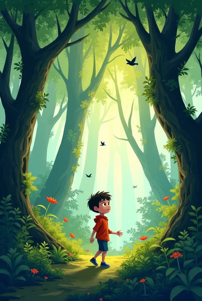Timmy exploring the woods*
Image prompt: A whimsical illustration of Timmy walking through a dense forest, with trees towering above him, and a few birds flying overhead.