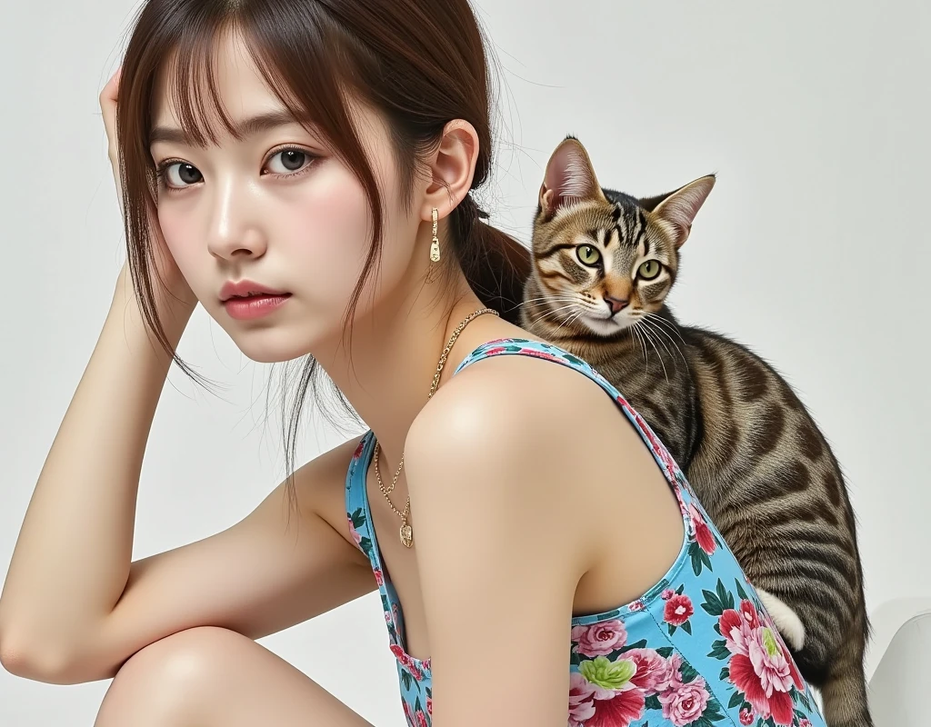  perfect composition, Proper placement, Golden Ratio,  top quality :1.331, Portrait of a beautiful Japanese woman :1.21, all fours:1.5,  brown hair on one woman,  low ponytail hair ,  anatomically correct limb, There is a cat on her back, Brown tabby cat, Brilliant surreal color :1.331,  Sketchy Style :1.331,  high definition,  Digital Artwork ,  vibrant minidress,  Necklaces ,  earrings, 
