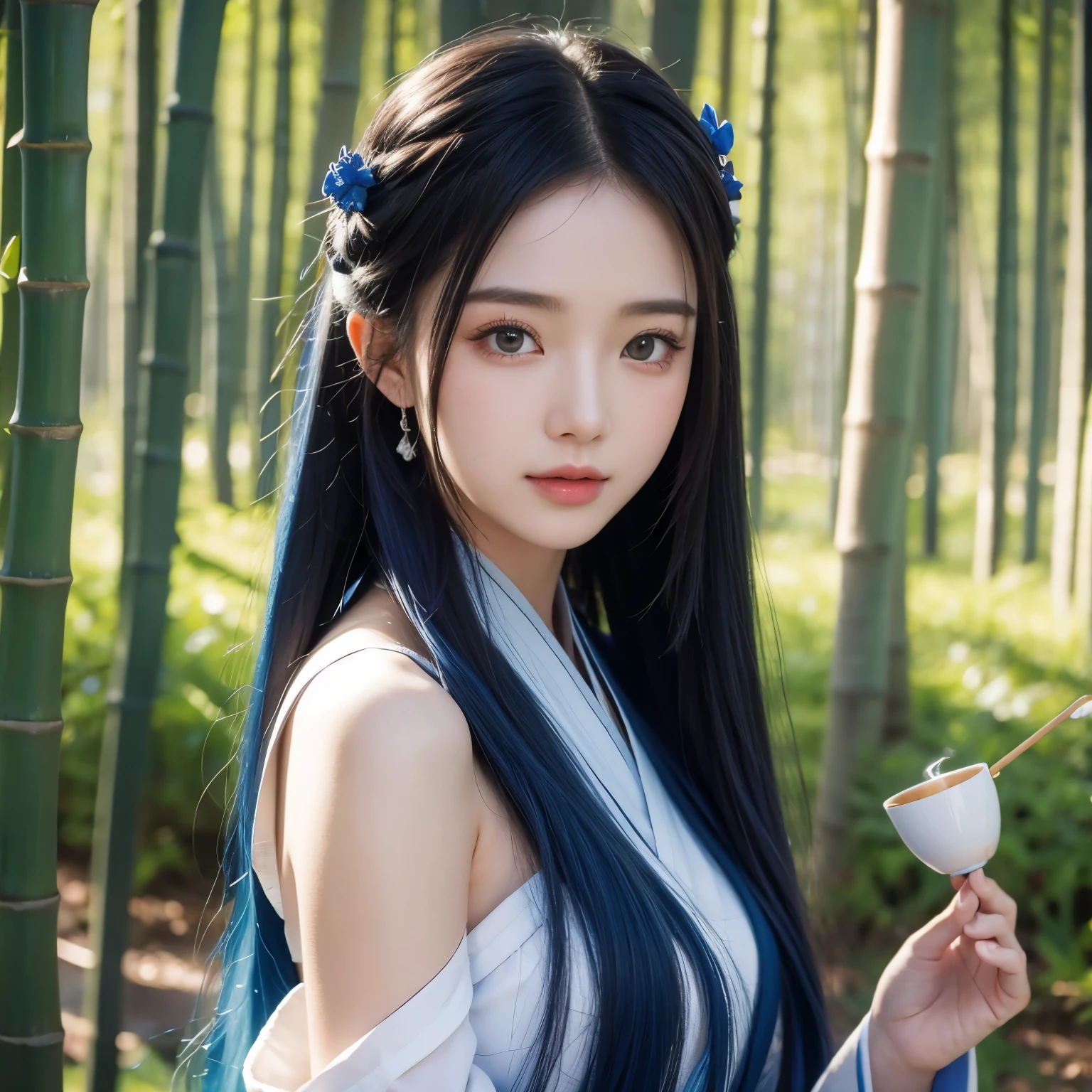 masterpiece,  are of the best quality,  Official Art ,   8k wallpaper,  very detailed , illustration, 1 girl, Chinese, ink, Sky blue hair,  long hair,  Meticulous Eyes ,  Forrest Fun, Bare shoulders, Hanfu, lake, Pure,  Soft Smile , bamboo, Tea