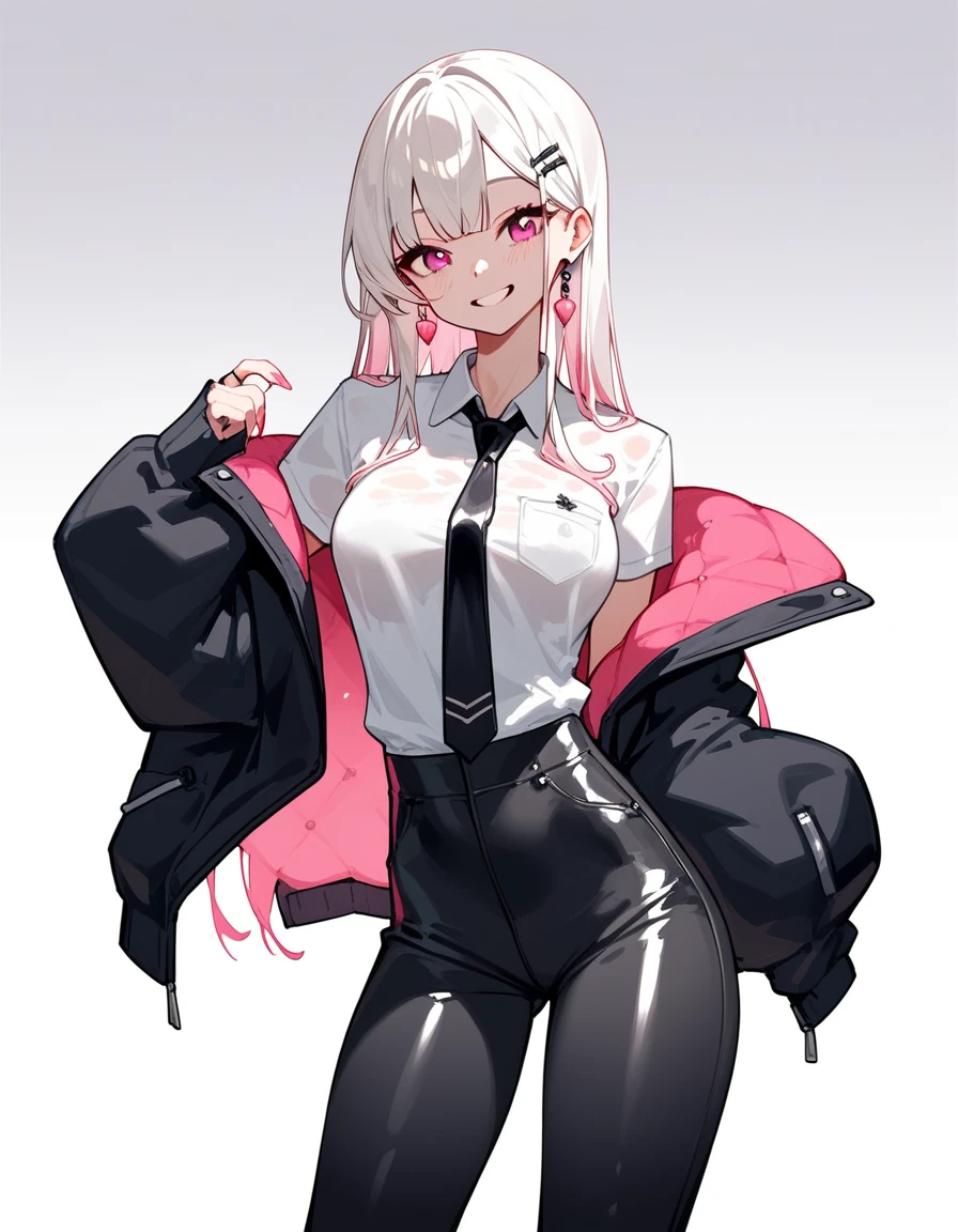 White background, girl1, beautiful pink eyes, soft white sh hair ( wearing a white work shirt ) ((wearing tight shiny black pants)) skinny thighs skinny body (wearing a black tie) wearing a black jacket that sagged kawai, Tall body, mouth closed, empty background, white background, vtuber design vtuber. smile