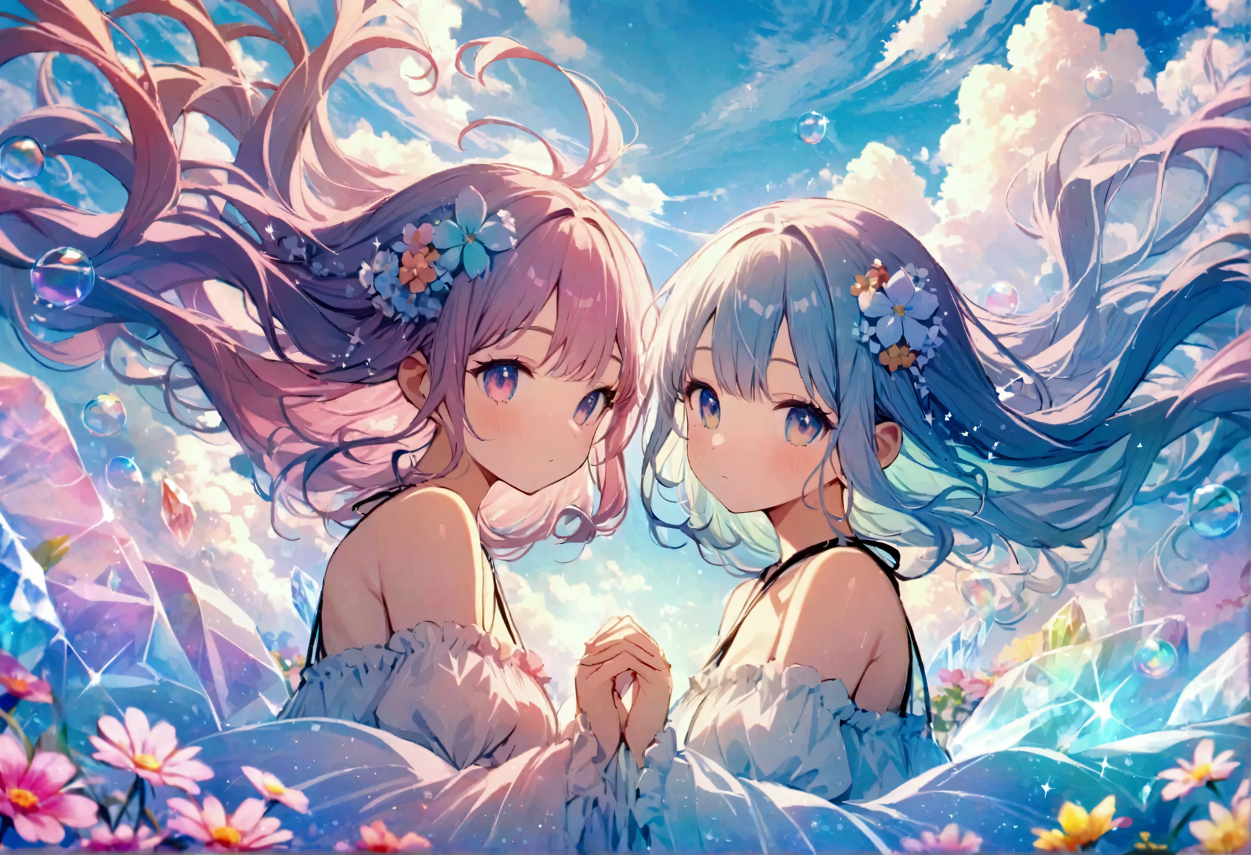(Best quality,4K,8K,High resolution,Masterpiece:1.2),Super detailed,(Actual, Realistic),highly detailed, top quality, soft skin,Portrait,
break,
((clear blue eyes:1.2)),smiling eyes,beautiful eyelashes,beautiful lower eyelashes,
break,
((Beautiful and shiny silver hair:1.3)),A dazzling smile, a bursting smile, an open mouth laugh,
break,
((very happily:1.3)),
break,
((short sleeve pale blue dress,long pale blue skirt:1.3)),
break,
((A large amount of petals of various kinds are dancing:1.3)),
break,
((Beautiful sunset starry sky in the flower field:1.3))