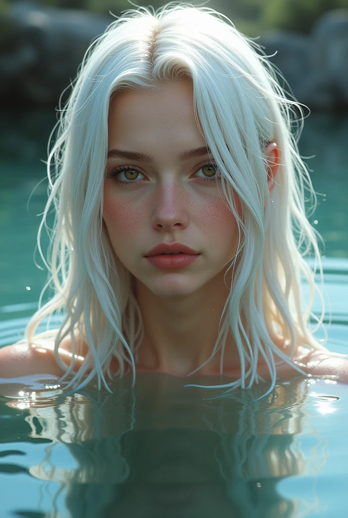 hot girl, White hair, greeneyes, washing the hair
