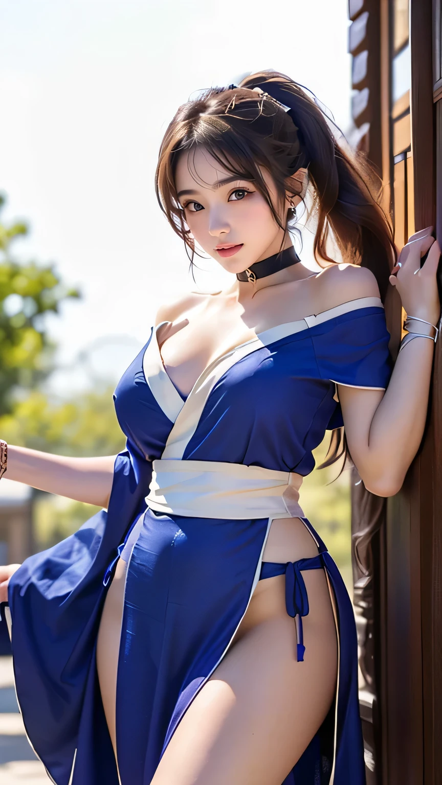 (((  top quality))), ((  Masterpiece )), (    Details), ((Alone)), (((((( Ponytail,  hair ribbon,  Choker,  Blue Dress , Short sleeve, band,  kimono, Arm guard,  pelvic curtain ,  detailed background with white knee-high , Off Shoulder )))))),  ((( slender body:1.4, Big Breasts, cleavage:1.1 , big butt, slim,  Thin Waist  ,  toned thick thighs,  Thin legs))),(  camel toe    ,Camel hoof), ((      glowing skin that will turn your eyes off    ,    white skin,      glowing skin that will turn your eyes off    )), Mysterious Light,  ((( Girl with a well-groomed face   ))), ((  big eyes)), ((((((Droopy eyes)))))), ((((   closes the eye )))), ((((   accurate anatomy )))),    Completely-valid   ,    Eye Shadow ,     earrings for women alone  ,    Necklaces    ,(((standing,leg up))),