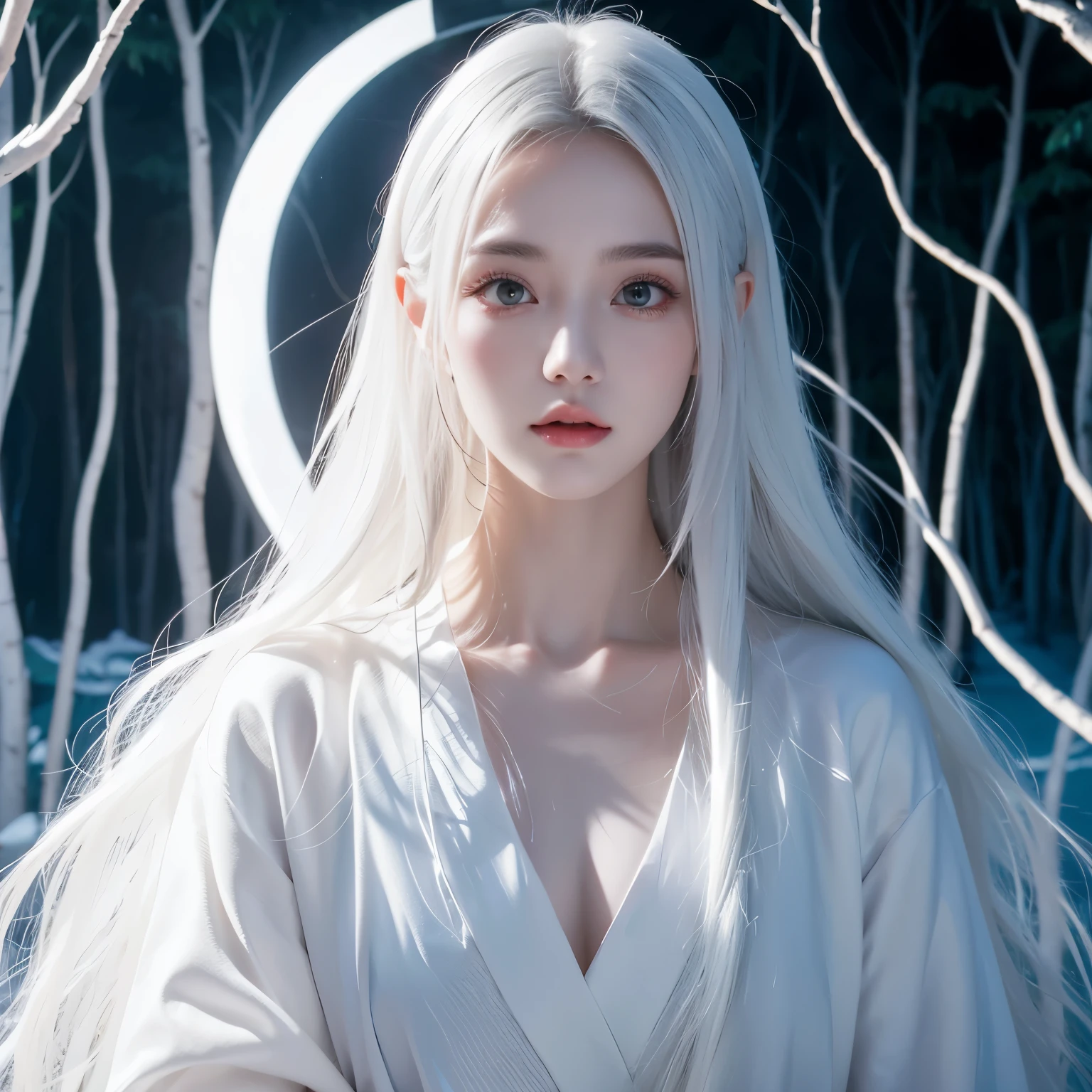 Beautiful girl in a white robe standing in a dark forest, Epic Style, Octane Rendering, The desert makes up ,  beautiful face ,  surrealism ,，whole body，The face of Europe ， white skin ，night， white hair