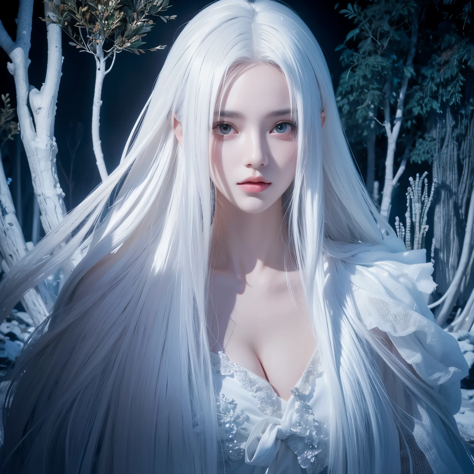 Beautiful girl in a white robe standing in a dark forest, Epic Style, Octane Rendering, The desert makes up ,  beautiful face ,  surrealism ,，whole body，The face of Europe ， white skin ，night， white hair