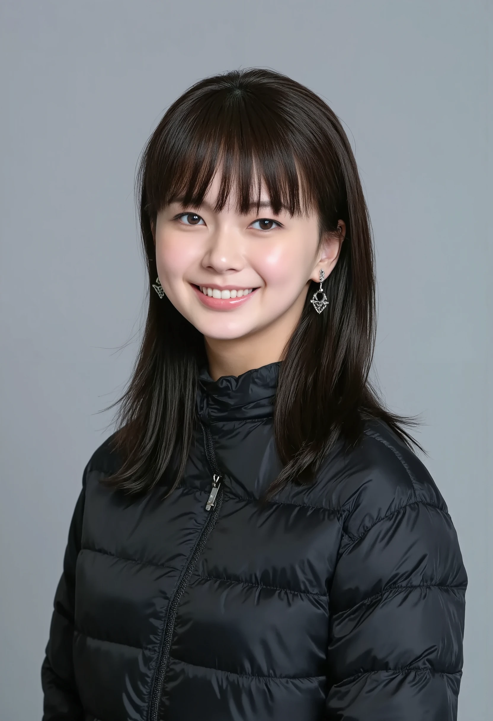 young Japanese woman、 Tabe Mikako、black hair、 ear piercing、 big smile when looking back、 beautiful alignment of teeth、 black down jacket、Gray background

