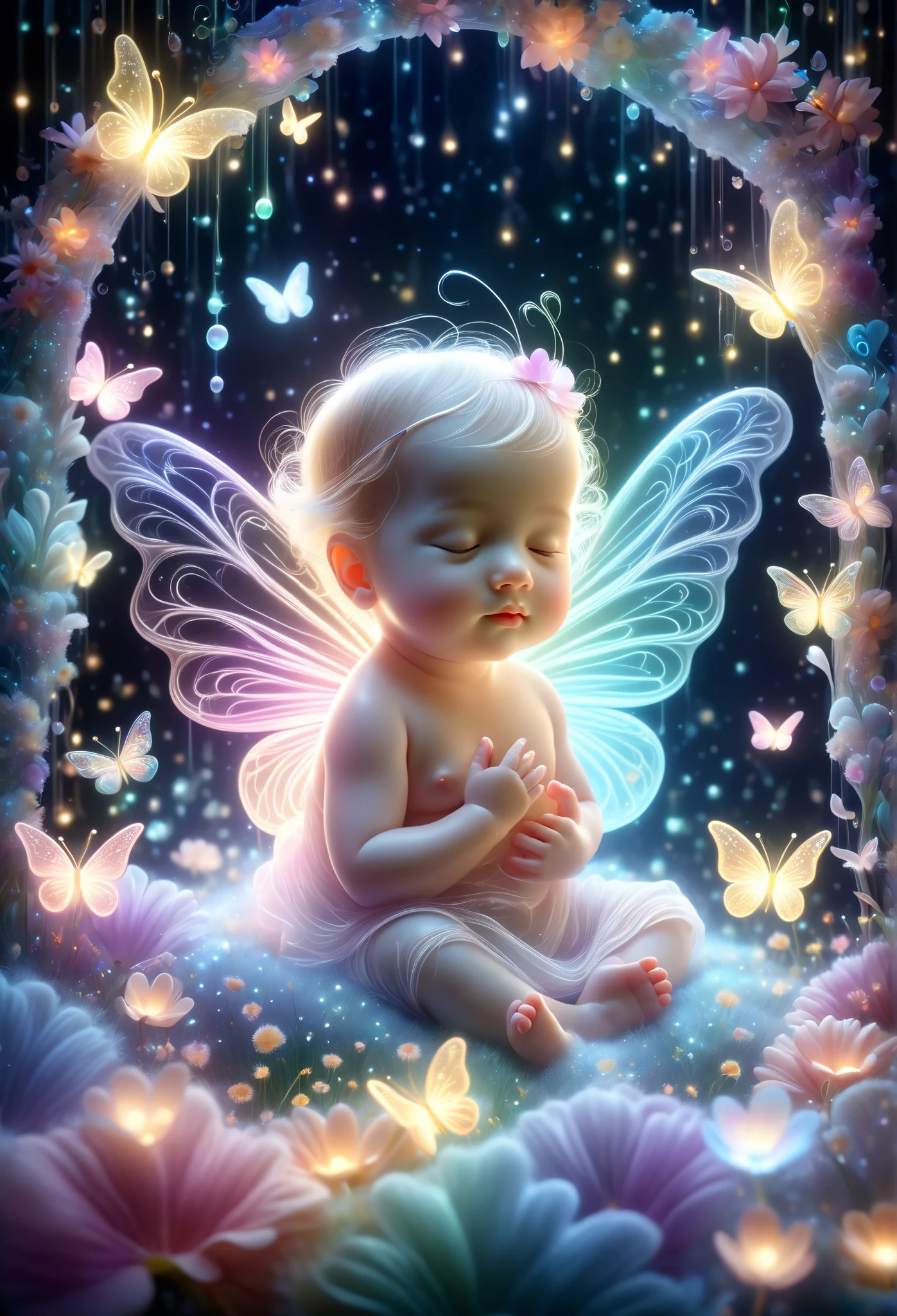 A cute sleeping peacefully, surrounded by a soft, dreamy atmosphere. A small butterfly, rainbow-colored, gently flapping its wings nearby, adding a touch of magic. The butterfly is small, with intricate details and glowing in the dark, while the babysleeping soundly on a bed of soft petals. The scene features beautiful lighting, rich colors, and a calming, serene background. The baby is peaceful, relaxed pose, while the butterfly adds a whimsical and dreamy touch to the composition. The background is dark, creating a contrast with the soft glow of the butterfly and the baby. The whscene looks like a masterpiece of digital art, capturing fantasy, serenity, and gentle beauty.