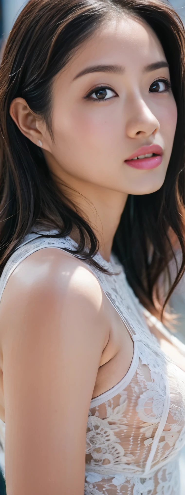 one girl, high definition , High Quality , textured skin, Ultra High Definition , very detailed, 最 High Quality , 3d rendering, realism, Sur realism, Heavy makeup、 big eyes、 I have long eyelashes on my face 、high nose、Beauty、} Pretty eyes and nose 、、Attractive body、whole body description、 erotic lingerie、whole body、Long distance shooting、Overall image、 long hair、Woman walking down the runway