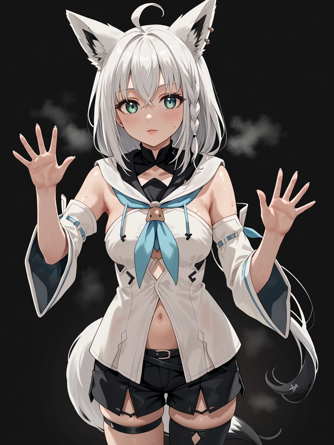 shiroko_terror_\(blue_archive\),1girl, solo, looking_at_viewer, white_background, animal_ear_fluff, black_jacket, bare_shoulders, simple_background, hairclip, halo, black_choker, upper_body, blush, looking_back, off_shoulder, back, long_sleeves, shirt, smile, earrings, open_jacket, from_behind
<lora:shiroko_terror_(blue_archive)_image494_2023-11-18_spv-000045:1>. gorgeous,key visual, vibrant, studio anime,award-winning, professional, highly detailed,high budget, cinemascope