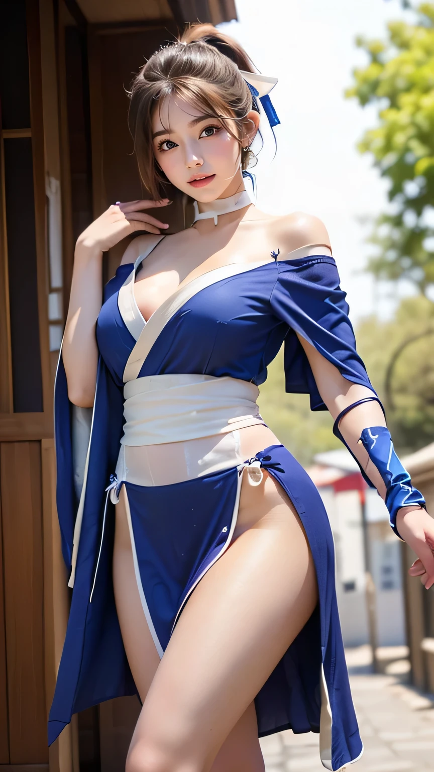 (((  top quality))), ((  Masterpiece )), (    Details), ((Alone)), (((((( Ponytail,  hair ribbon,  Choker,  Blue Dress , Short sleeve, band,  kimono, Arm guard,  pelvic curtain ,  detailed background with white knee-high , Off Shoulder )))))),  ((( slender body:1.4, Big Breasts, cleavage:1.1 , big butt, slim,  Thin Waist  ,  toned thick thighs,  Thin legs))),(  camel toe    ,Camel hoof), ((      glowing skin that will turn your eyes off    ,    white skin,      glowing skin that will turn your eyes off    )), Mysterious Light,  ((( Girl with a well-groomed face   ))), ((  big eyes)), ((((((Droopy eyes)))))), ((((   closes the eye )))), ((((   accurate anatomy )))),    Completely-valid   ,    Eye Shadow ,     earrings for women alone  ,    Necklaces    ,(((standing,leg up))),