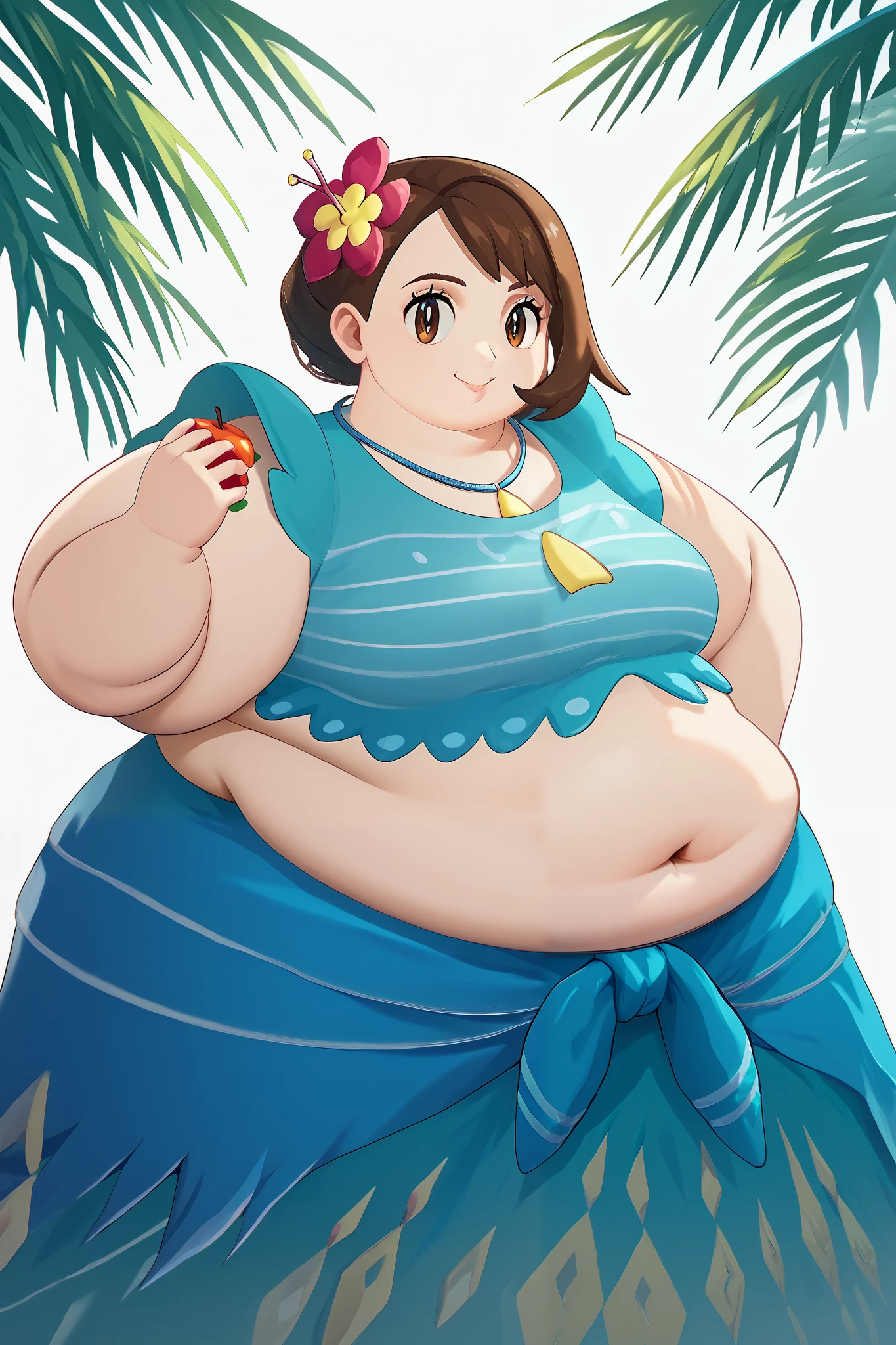 high resolution, highly detailed, perfect lighting, beautiful detailed eyes, ((masterpiece,best quality)), absurdres,      smile,  solo,  gloria (pokemon),  gloriaSummer, blue sarong, blue shirt, hair flower,  jewelry, navel, necklace, official alternate costume,    curvy,   Delfino_Plaza,  small fruit stand,  pineapples,  coconuts,  palm tree, fat, chubby, obese