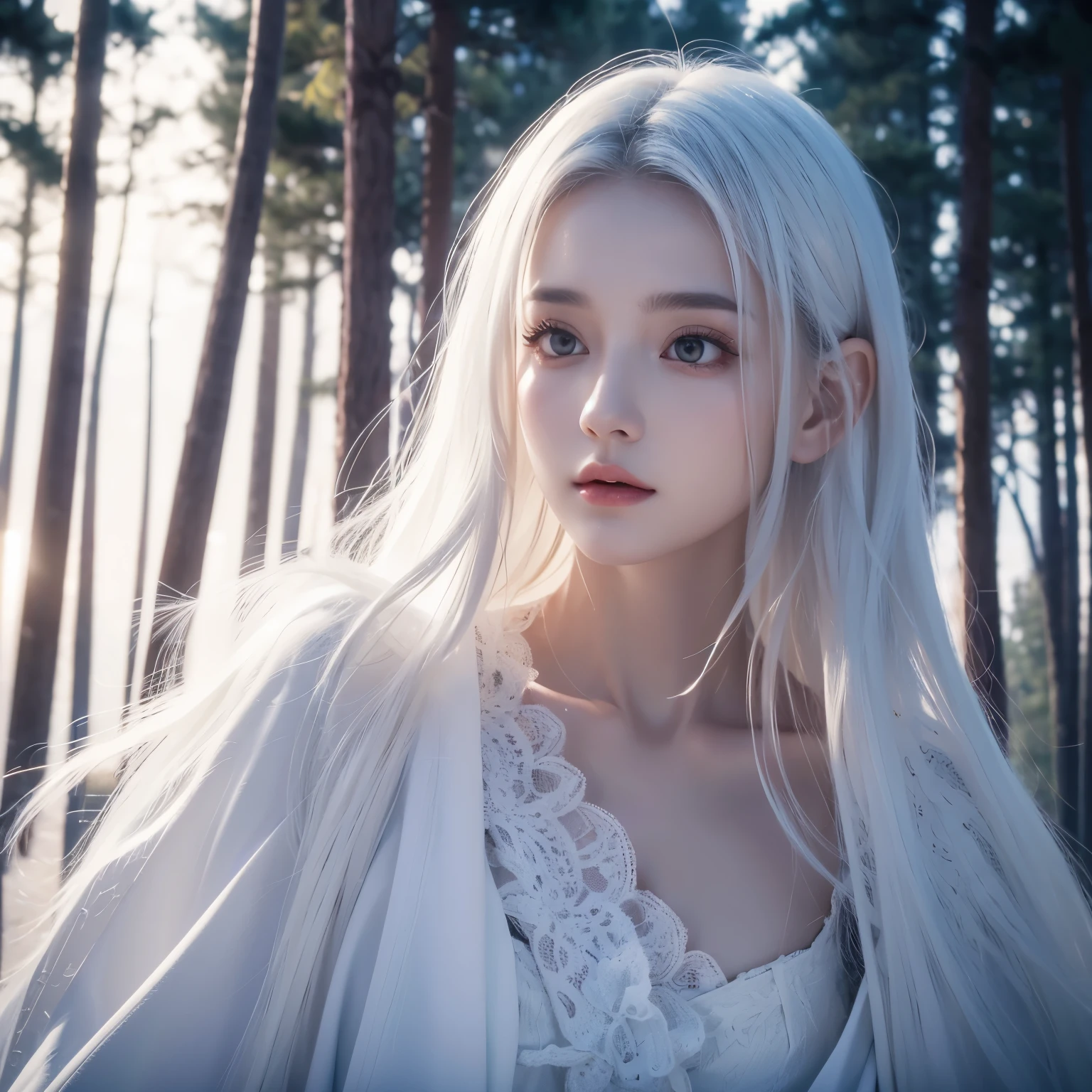 Beautiful girl in a white robe standing in a dark forest, Epic Style, Octane Rendering, The desert makes up , beautiful face , surrealism ,,whole body,The face of Europe , white skin ,night, white hair