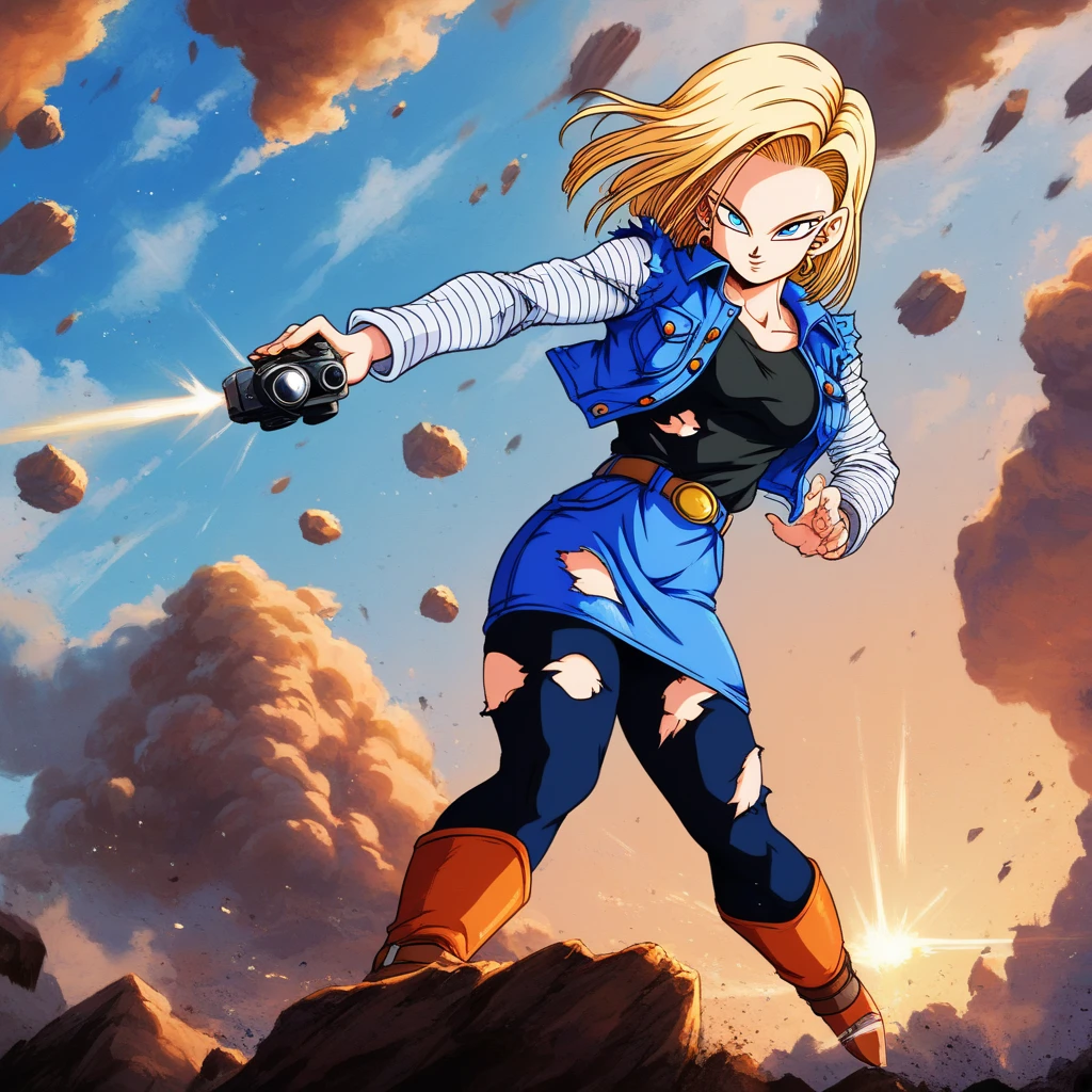 score_9, score_8_up, score_8, medium breasts, (curvy), cute, eyelashes,    zzAndroid18, blue eyes, blonde hair, short hair, jacket, denim, denim jacket, jewelry, earrings, long sleeves, shirt, skirt, belt, stripes,  smile, looking at viewer,   serious expression, dramatic sunset casting shadows, standing on a cliff overlooking a devastated battlefield, her iconic outfit slightly torn, glowing with suppressed energy, a moment of reflection before the next fight,  ,,, embedding:zPDXL, Expressiveh, 