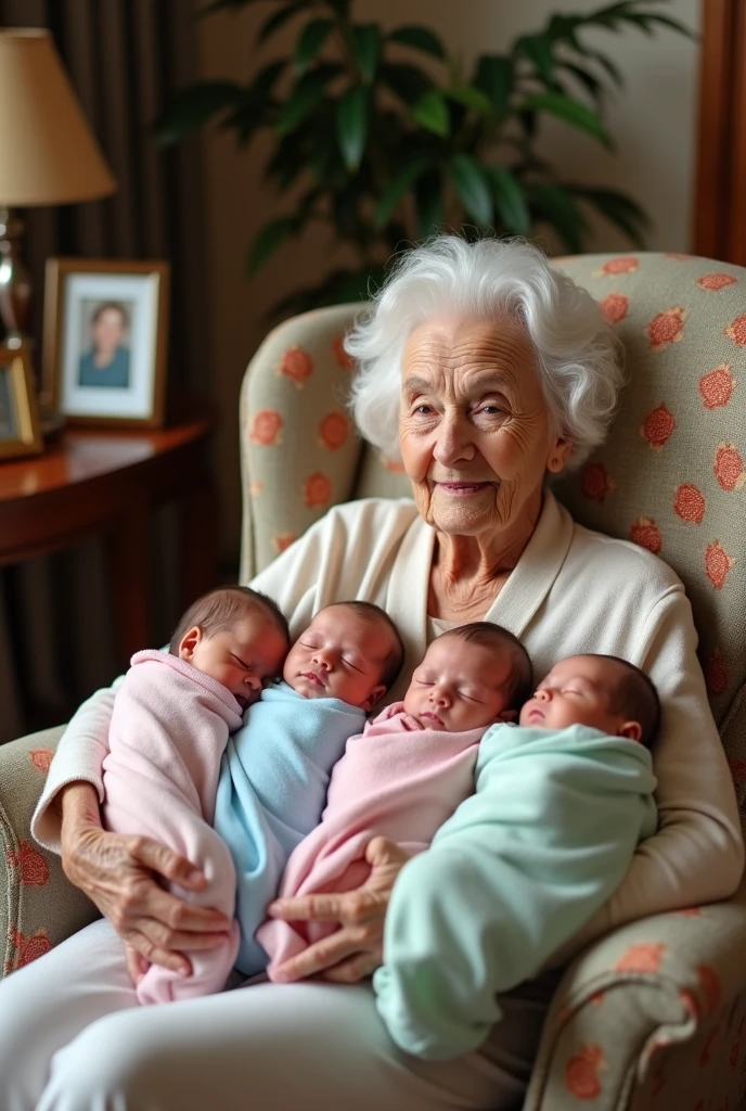 An elderly woman is holding two babies.