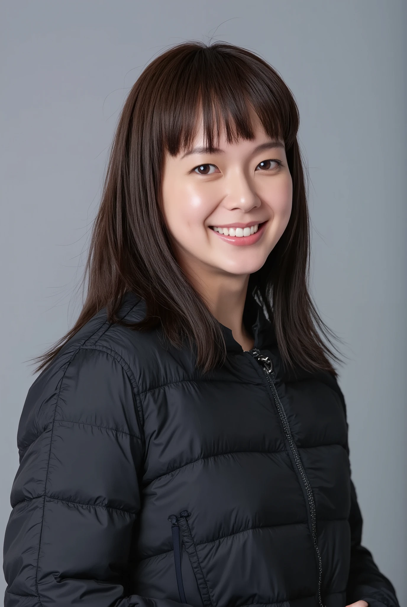 young Japanese woman、 Tabe Mikako、black hair、 ear piercing、 big smile when looking back、 beautiful alignment of teeth、 black down jacket、Gray background

