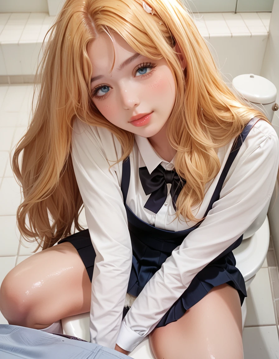 anime girl with long blonde hair sitting on a toilet, blonde anime girl with long hair, seductive anime girl, beautiful alluring anime teen, ecchi anime style, marin kitagawa fanart, beautiful anime high school girl, anime barbie in white stockings, realistic schoolgirl, a hyperrealistic schoolgirl, attractive anime girl, hyperrealistic schoolgirl, pretty anime girl