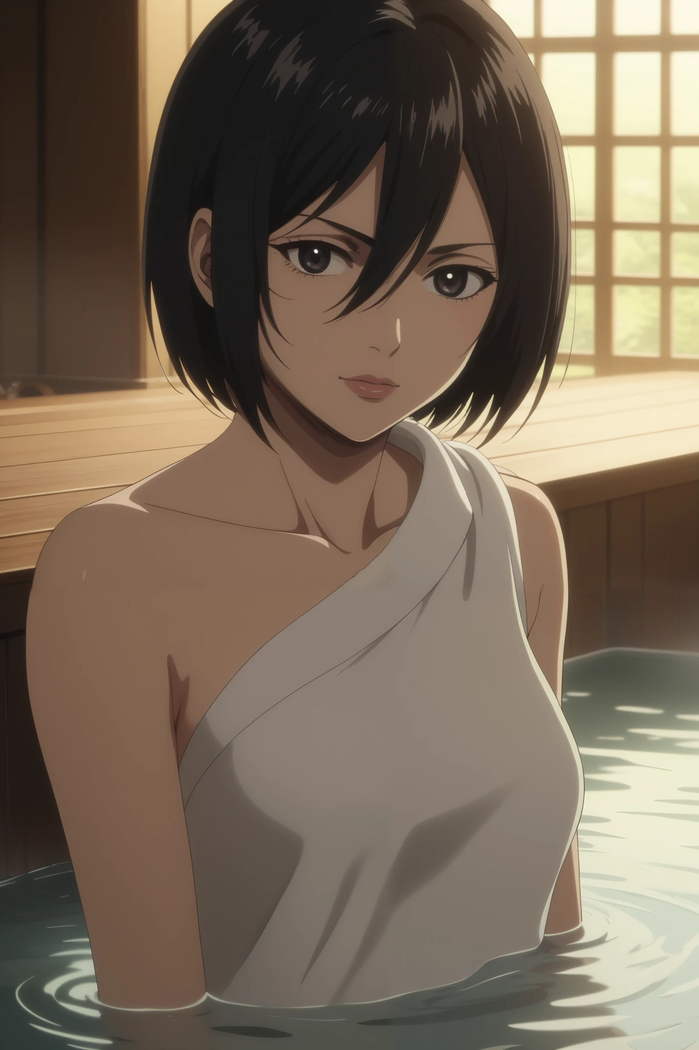 score_9, score_8_up, score_7_up, source_anime, rating_safe, intricate details, anime screencap, , , looking at viewer, , 1girl, solo, mikasa_ackerman, black hair, black eyes, s3, hair between eyes, short hair, lips, (She has a bath towel wrapped around her body:1.2), (medium breasts), She is bathing, (She is sitting in the excellent Japanese wooden bathtub that made of cypress:1.3), the modern bathroom is made of woods with tiles, gentle sunlight, professional lighting, Steam rises from the bathtub filled with hot water, the cat looks so happy with her, (detailed giant fat cat is mewing:1.3), she looks so happy, Outside the window is a snowy scene, RED SCARF