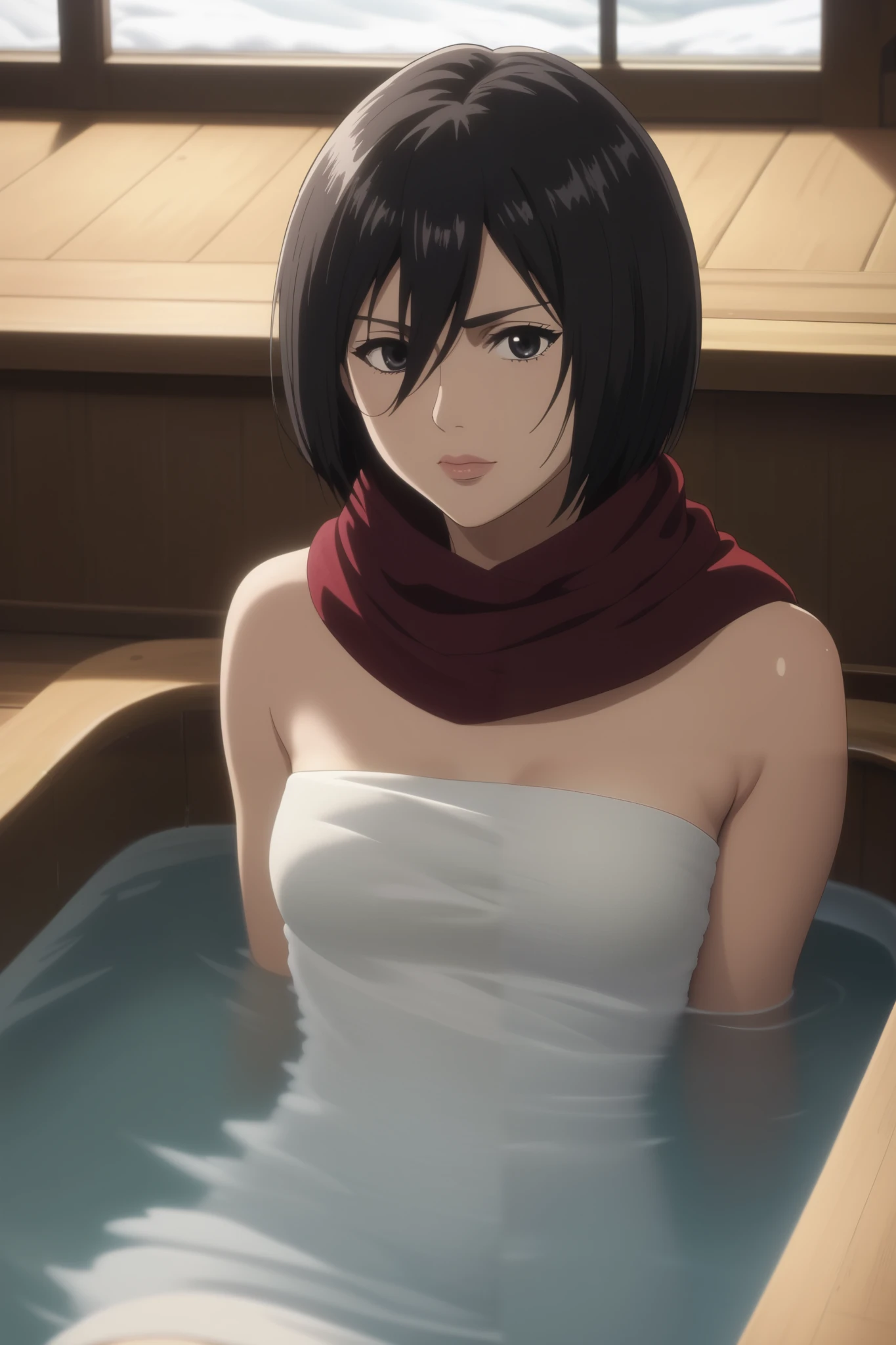 score_9, score_8_up, score_7_up, source_anime, rating_safe, intricate details, anime screencap, , , looking at viewer, , 1girl, solo, mikasa_ackerman, black hair, black eyes, s3, hair between eyes, short hair, lips, (She has a bath towel wrapped around her body:1.2), (medium breasts), She is bathing, (She is sitting in the excellent Japanese wooden bathtub that made of cypress:1.3), the modern bathroom is made of woods with tiles, gentle sunlight, professional lighting, Steam rises from the bathtub filled with hot water, the cat looks so happy with her, (detailed giant fat cat is mewing:1.3), she looks so happy, Outside the window is a snowy scene, RED SCARF