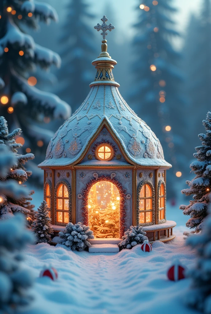 Christmas Toy ,  A beautiful house made of glass A house with sparkles and snow, in which a light is burning , bright colors,  masterpiece fails,  Best quality ,  complex textures ,  Maximum details , 8 k,