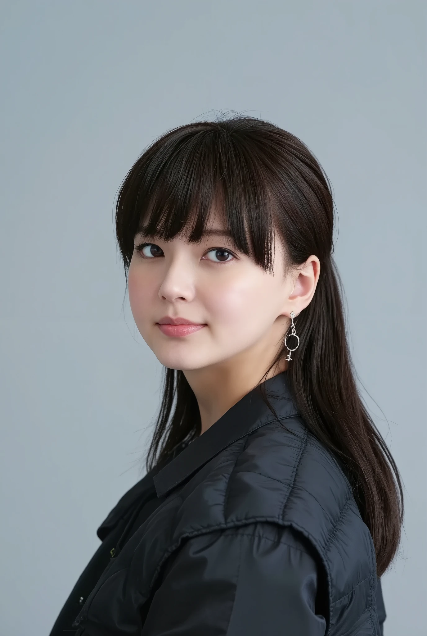 young Japanese woman、 Tabe Mikako、black hair、 ear piercing、 big smile when looking back、 beautiful alignment of teeth、 black down jacket、Gray background

