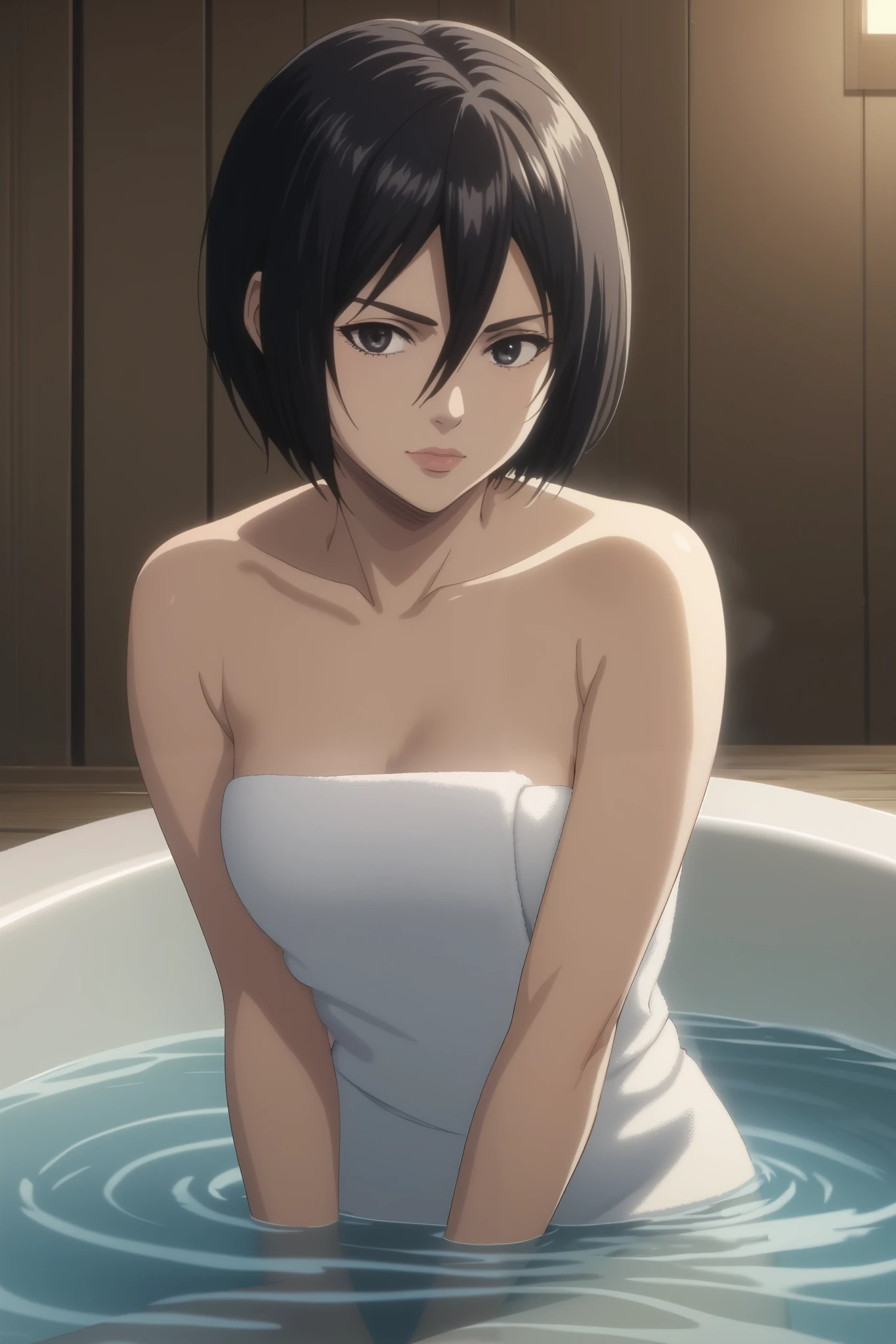 score_9, score_8_up, score_7_up, source_anime, rating_safe, intricate details, anime screencap, , , looking at viewer, , 1girl, solo, mikasa_ackerman, black hair, black eyes, s3, hair between eyes, short hair, lips, (She has a bath towel wrapped around her body:1.2), (medium breasts), She is bathing, (She is sitting in the excellent Japanese wooden bathtub that made of cypress:1.3), the modern bathroom is made of woods with tiles, gentle sunlight, professional lighting, Steam rises from the bathtub filled with hot water, the cat looks so happy with her, (detailed giant fat cat is mewing:1.3), she looks so happy, Outside the window is a snowy scene,