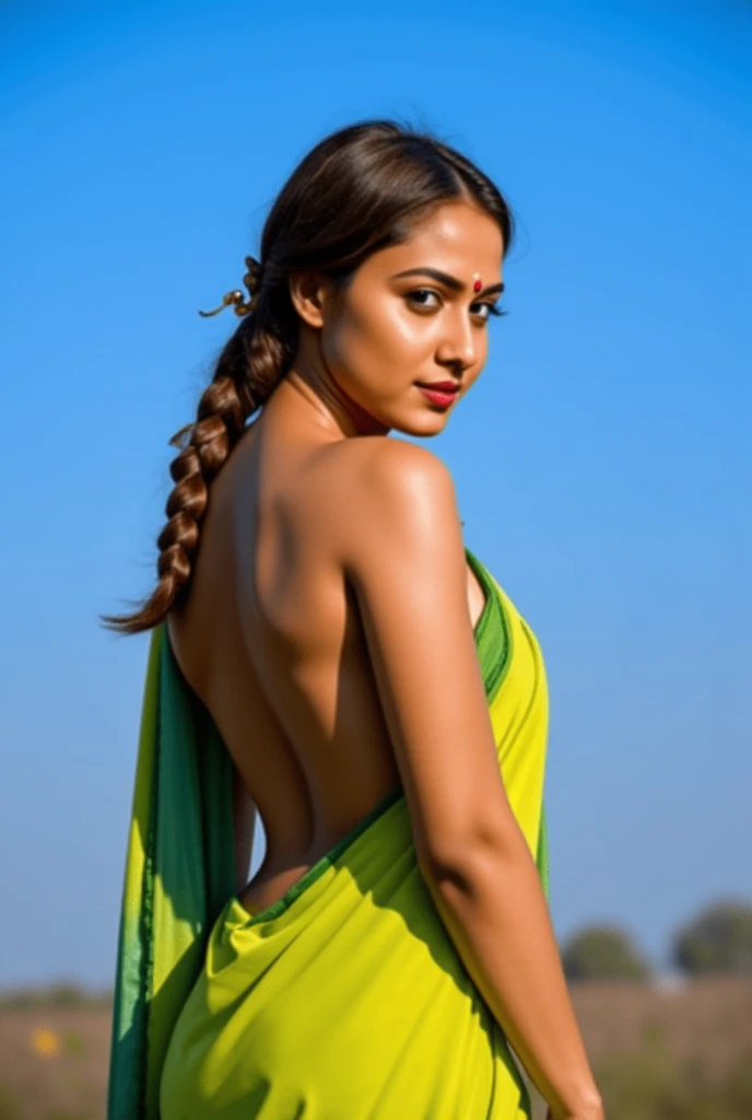 (masterpiece, best quality:1.2), 1girl, solo, Saree,1girl, armpits, bare arms, bare shoulders, blue background, blue sky, braid, breasts, brown hair, day, from side, gradient background, green skirt, hair ornament, head out of frame, large breasts, long hair, no bra, sideboob, skirt, sky, sleeveless, solo, tan, topless, underboob, yellow dress, yellow shirt