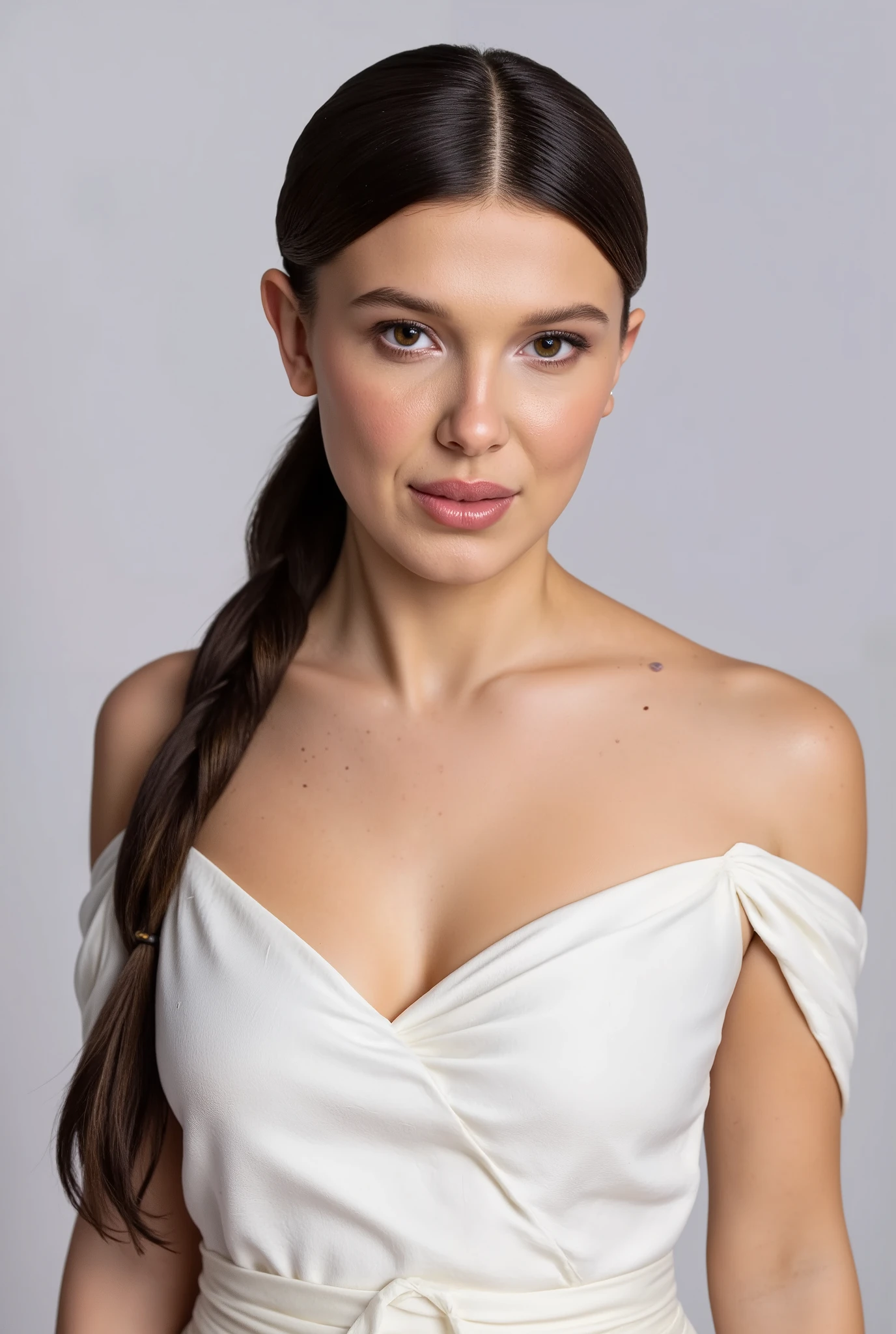 1girl,highres,  high quality,  masterpiece, mxmkWhiteDress,  bare shoulder, purple eyes, white dress, braid, MillieBobbyBrown